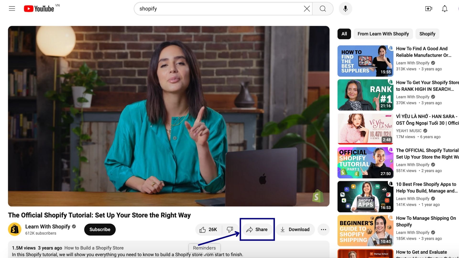 Under the video player, click the Share button.